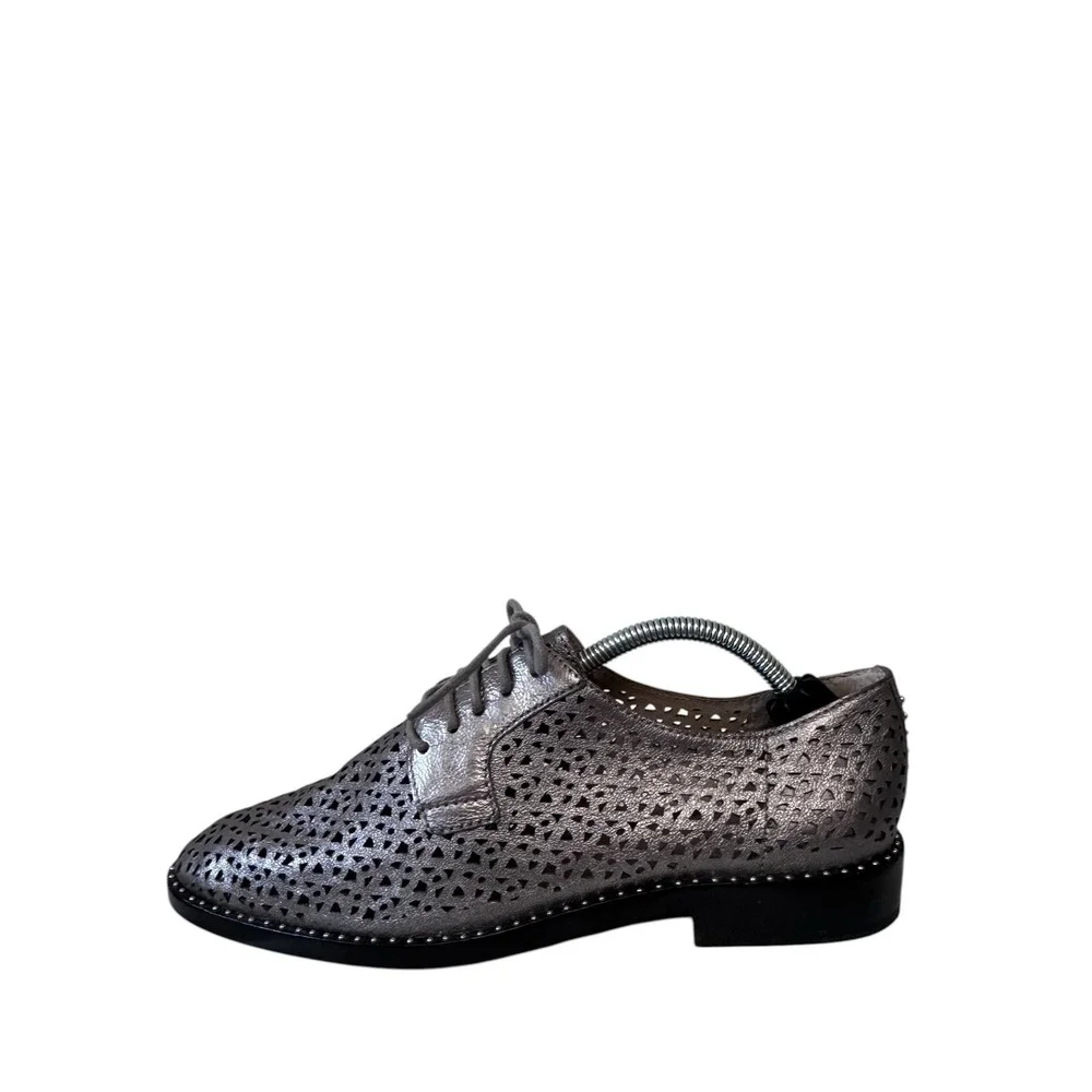 Vince Camuto Metallic Pewter Perforated Leather Studded Oxfords Shoes Womens